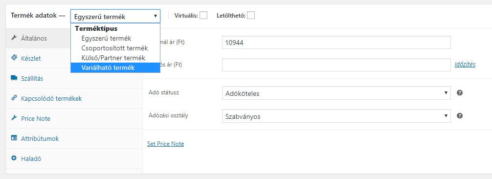 WordPress termék variáció